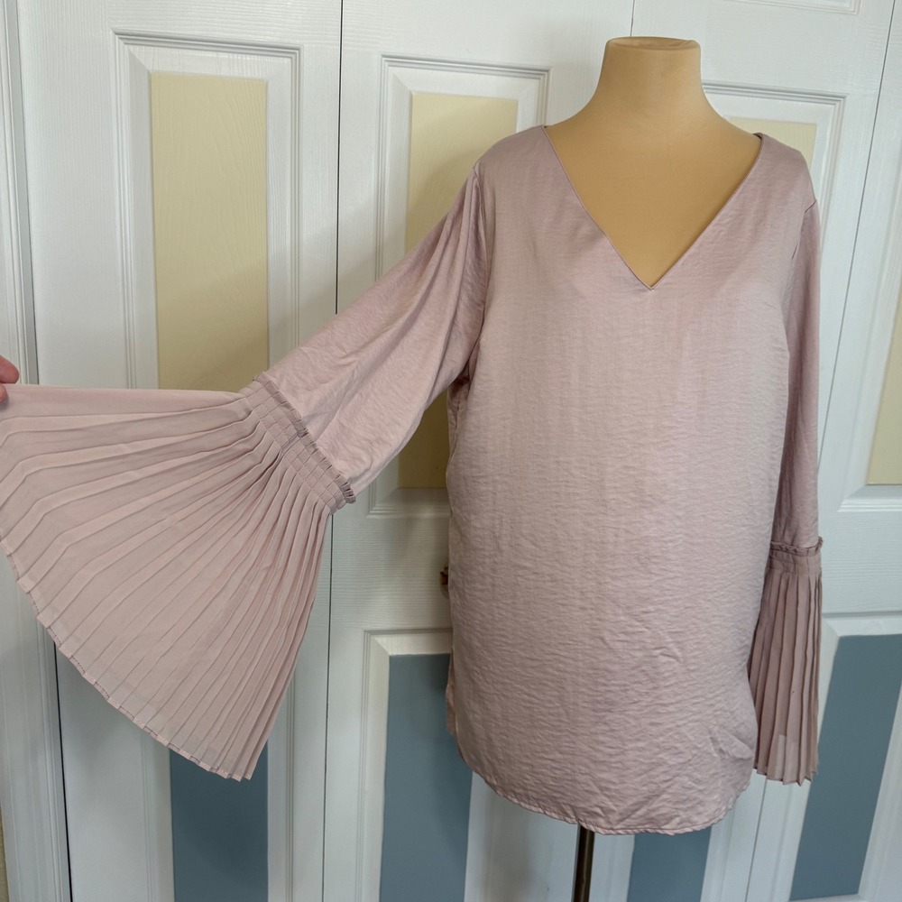 TDC Womens XL Mauve Pink V-Neck Pleated Bell Sleeve Tunic Blouse Hammered Satin
